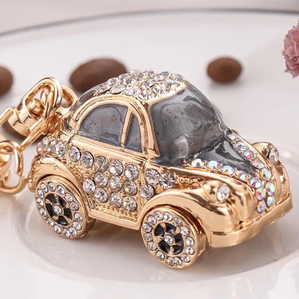 Retro Black and Gold Crystal Coupe Car Keychain Charm - Picture 3 of 16